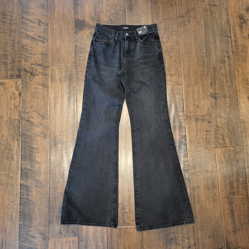NWT 70s Flare Wide Leg Black Dark Denim Express Jeans